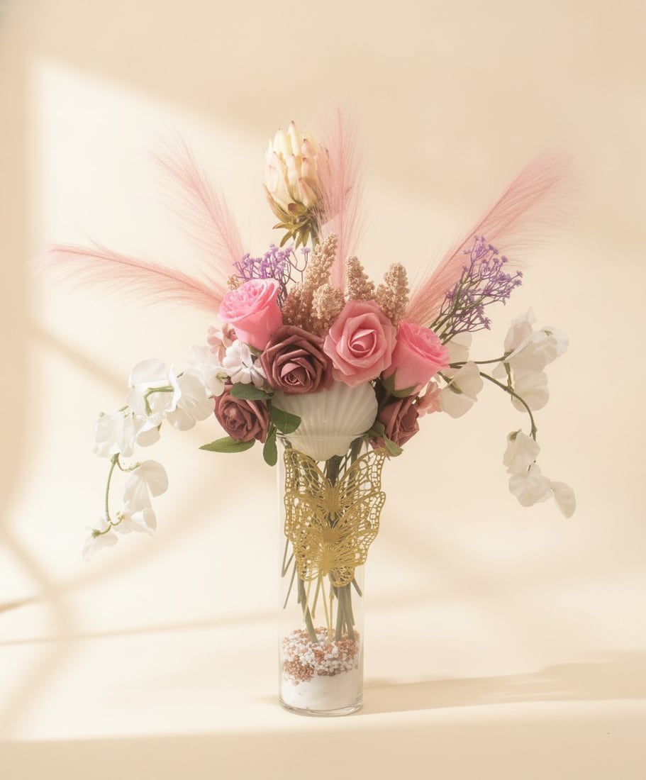 Blush Bohème — pink pampas plumes, roses, and trailing white orchids with Kenya's signature gold butterfly, handcrafted at Kenya's Flowers